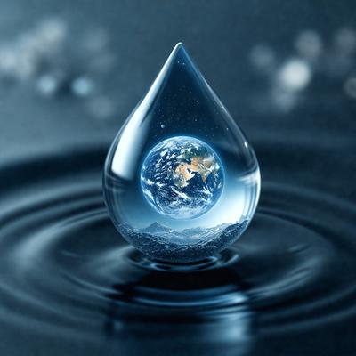 The primary subject of the image is a drop of water, which is the main focus of the scene. The setting is a blue background, which creates a serene and calming atmosphere. The visual style is a combination of photo and digital art, as the water drop is depicted in a realistic manner, while the background is digitally created. The colors and mood of the image are predominantly blue, which adds to the overall tranquility and beauty of the scene.